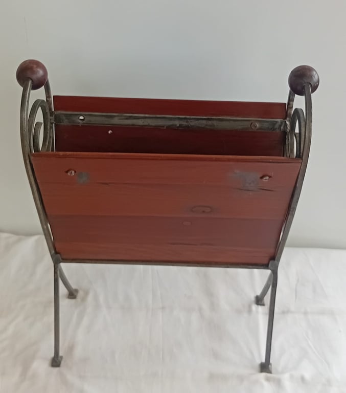 Vintage Wooden Magazine Rack with Wrought Iron Frame