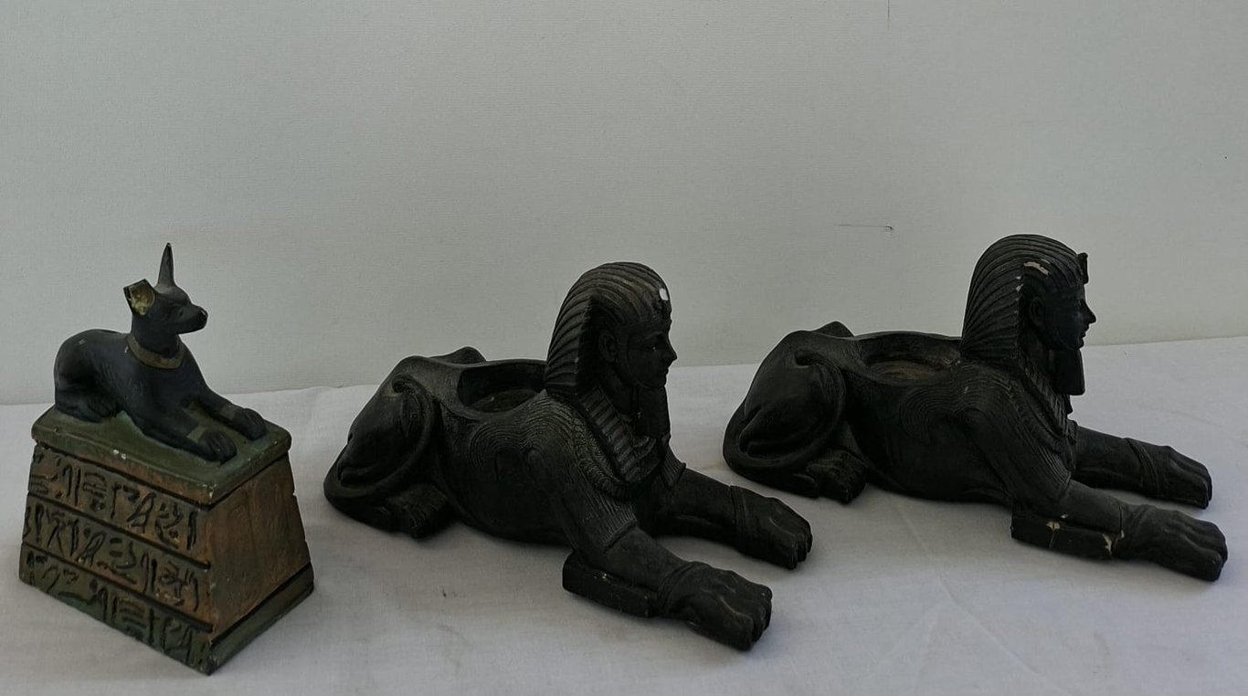 Egyptian-Style Sphinx Candle Holders with Anubis Figurine