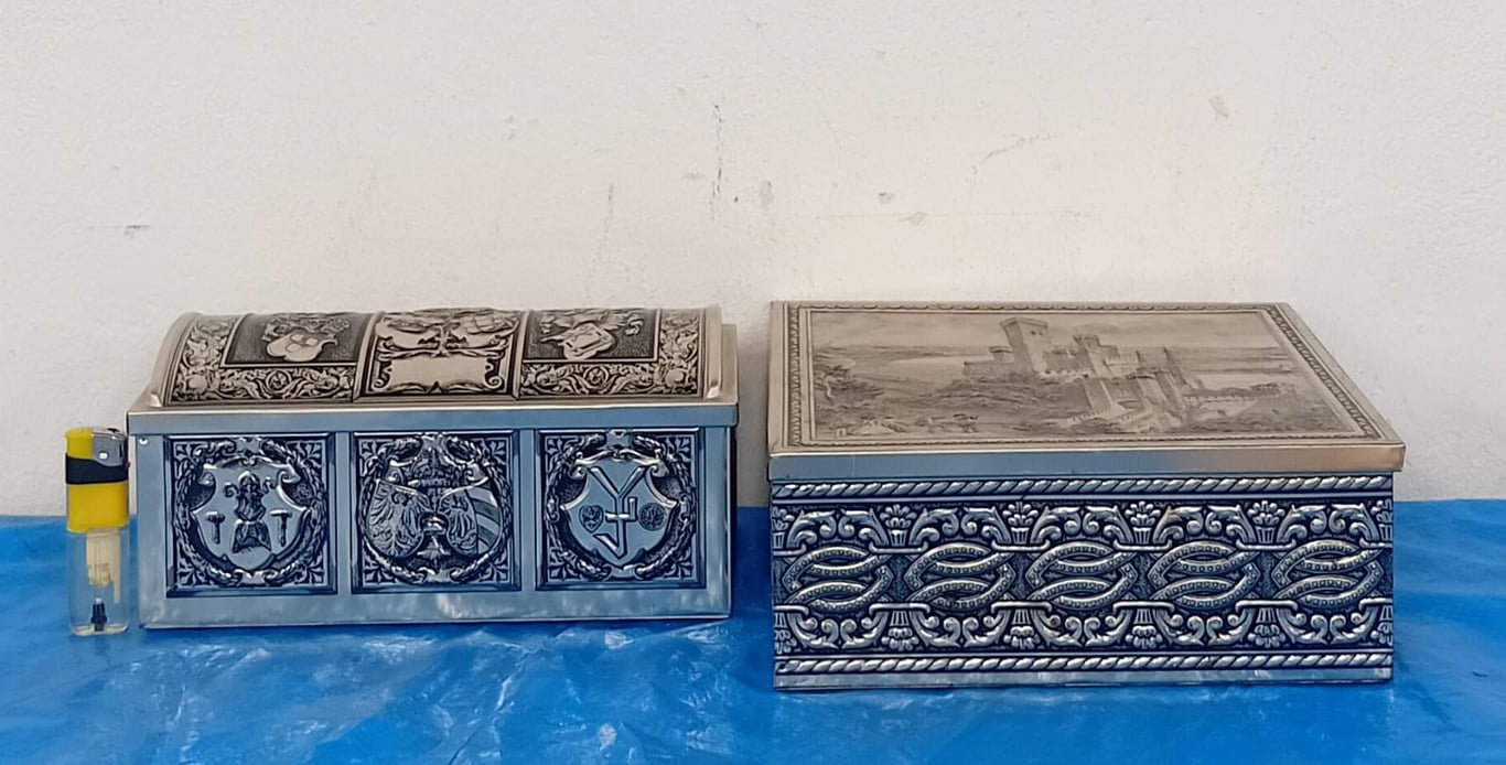 Two Decorative Embossed Metal Trinket / Jewellery Boxes (European Style)