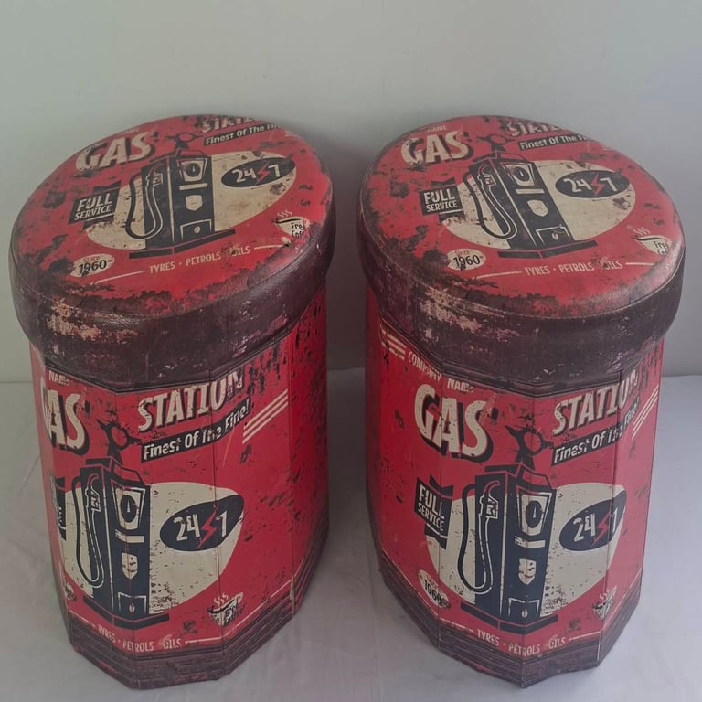 Pair of Vintage-Style “Gas Station” Decorative Stools/Poufs