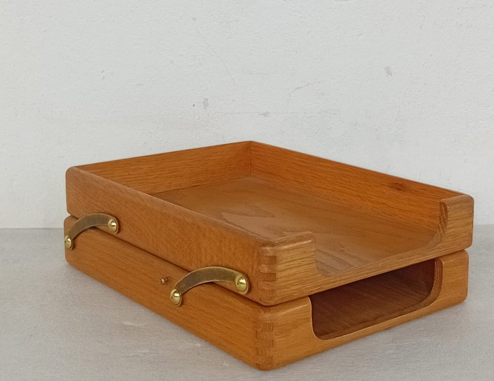 Solid wood two-tier desk organiser / letter tray with curved brass handles.