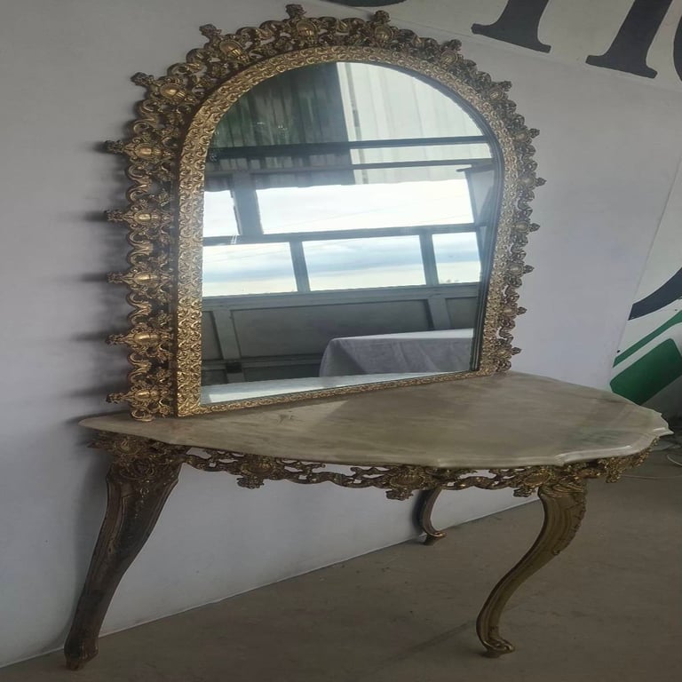Vintage Brass Wall Mirror with Matching Marble Console Table