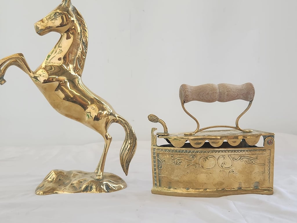 Brass Rearing Horse Figurine & Vintage Brass Coal Iron