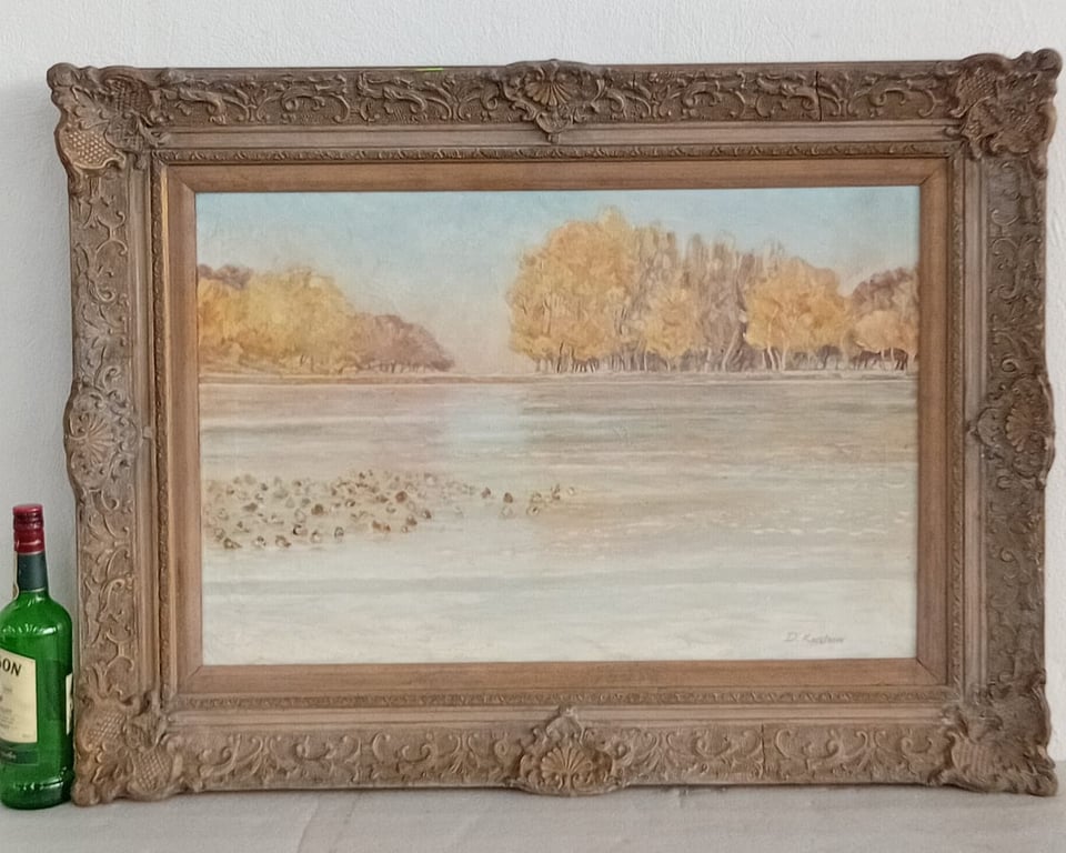 Framed Landscape Painting – Ornate Antique-Style Frame