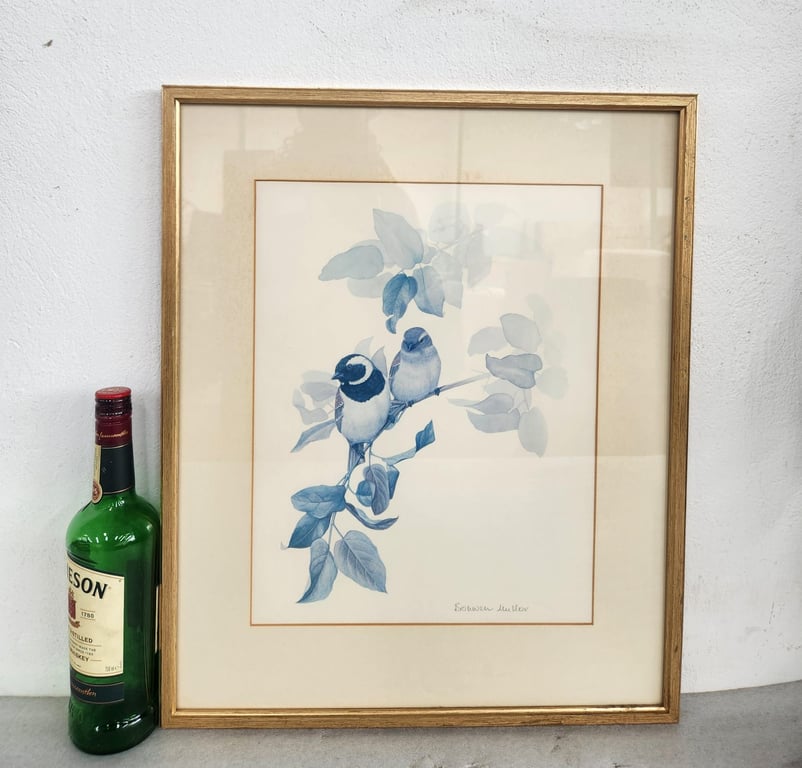 Framed Vintage Bird Illustration Print – Blue Tones
