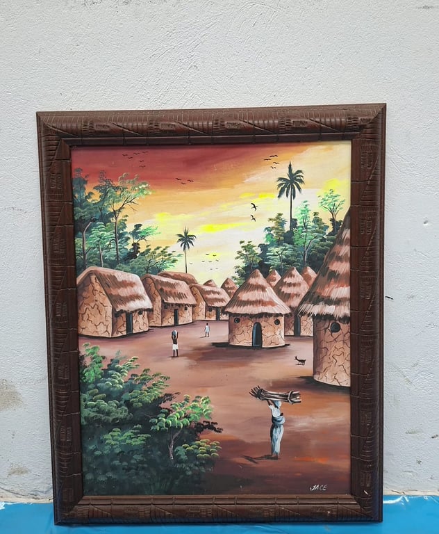 African Village Sunset Scene Paintings