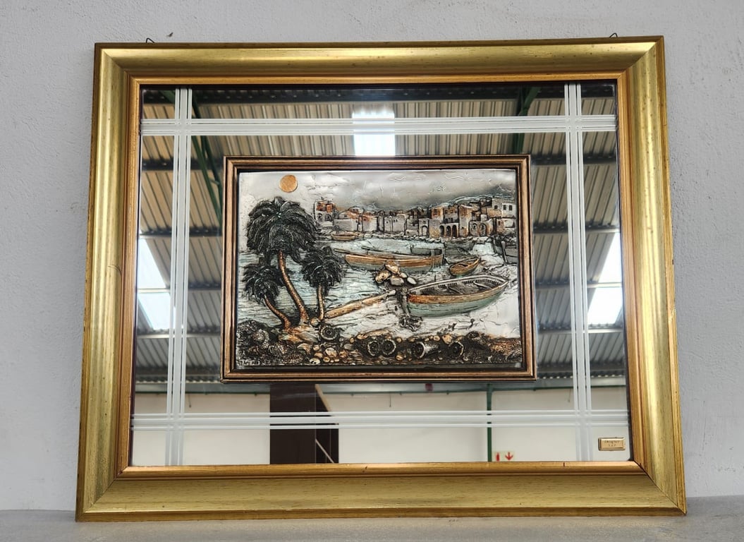 Vintage Framed Mirror with Raised Mediterranean Harbour Scene (Relief Artwork)