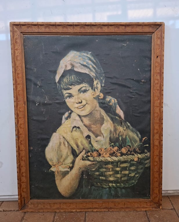 Vintage Portrait Painting of a Young Girl with Basket