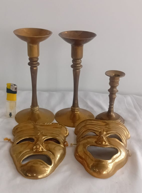 Decorative Brass Theatre Masks & Brass Candlestick Holders