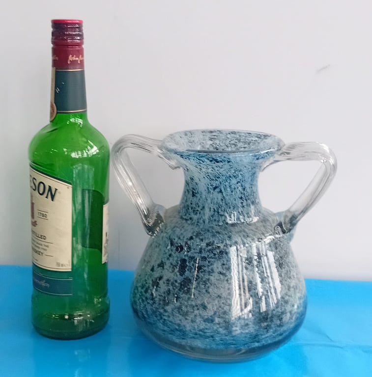 Hand-Blown Art Glass Vase with Twin Handles – Speckled Blue & Clear Swirl Design