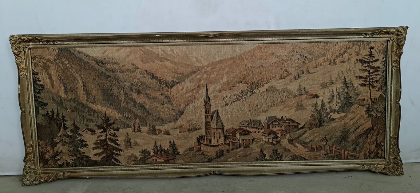 Large Framed Mountain Landscape Tapestry / Textile Wall Hanging