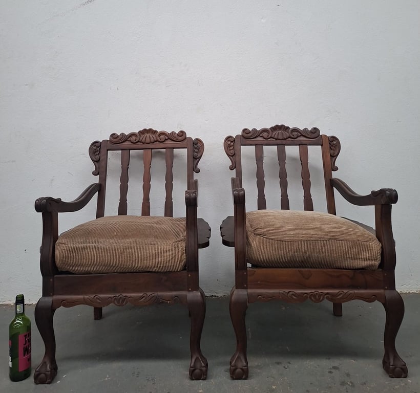 Pair of Antique-Style Solid Imbuia Wood Armchairs with Carved Detail