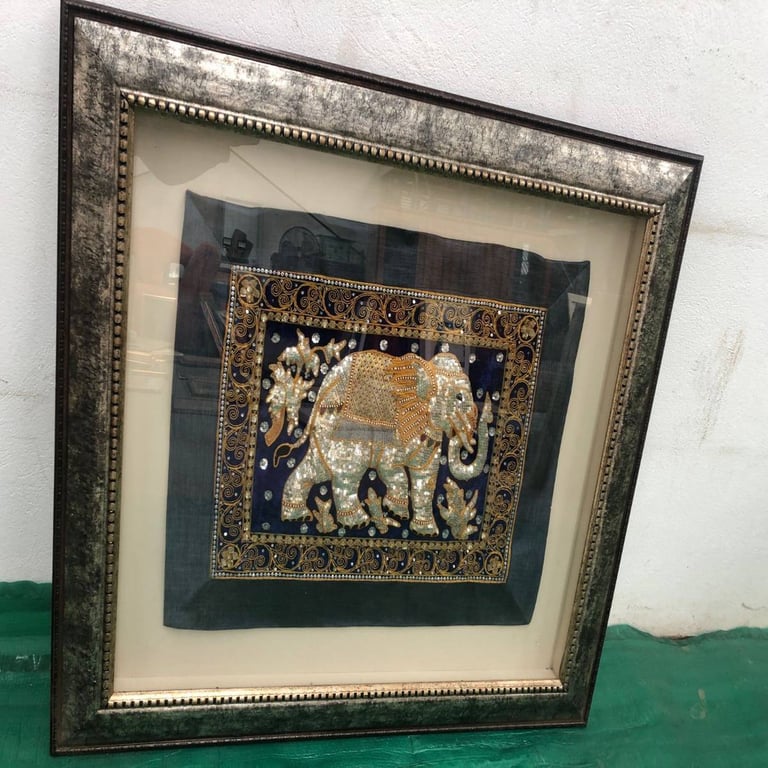 Framed Burmese Kalaga Embroidered Tapestry