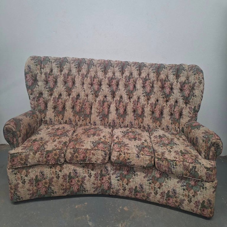 Vintage Curved Upholstered Sofa with 2 Matching Chairs