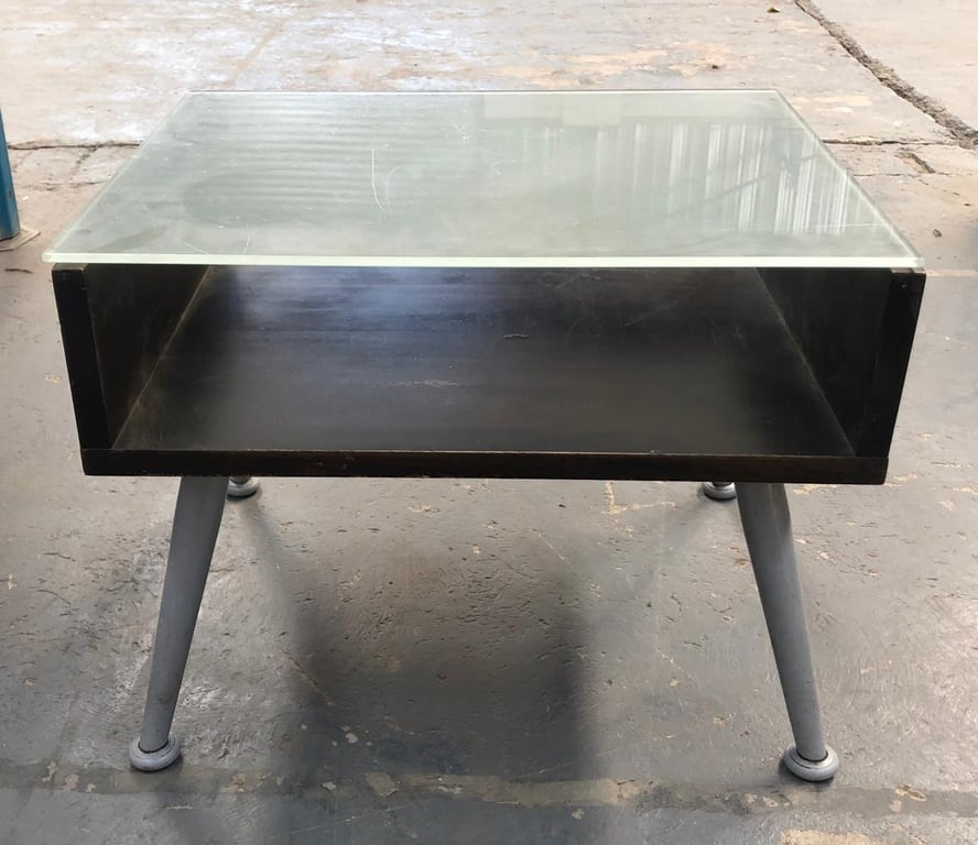 Glass table with wood legs