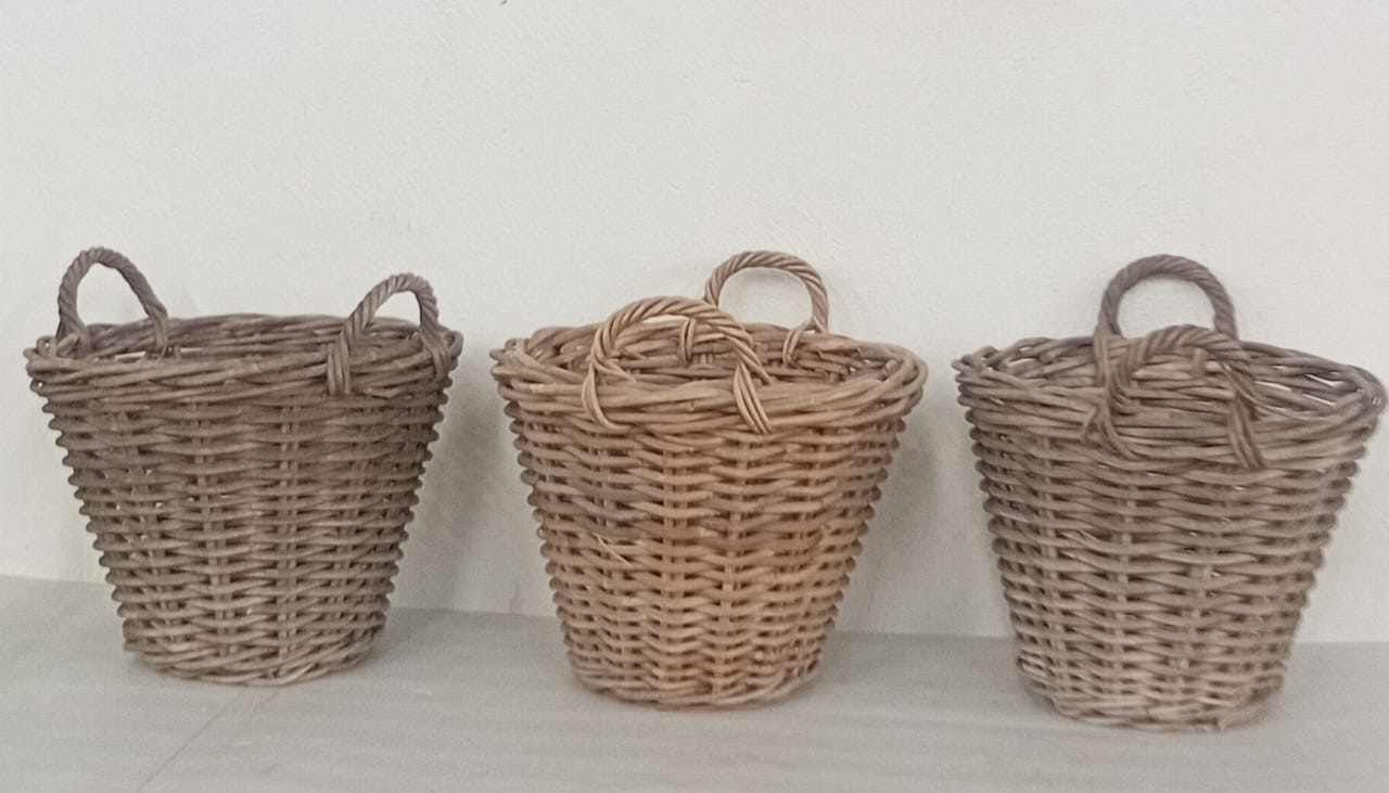 Set of Three Woven Wicker Baskets with Handles