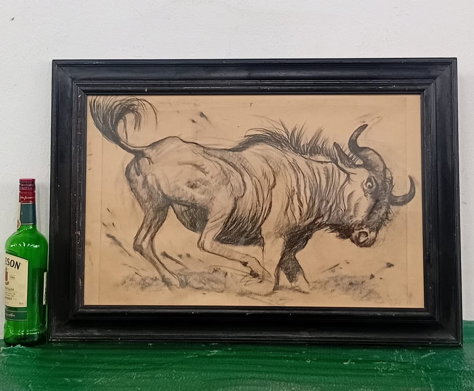 Framed Wildlife Artwork – Charging Wildebeest / Gnu