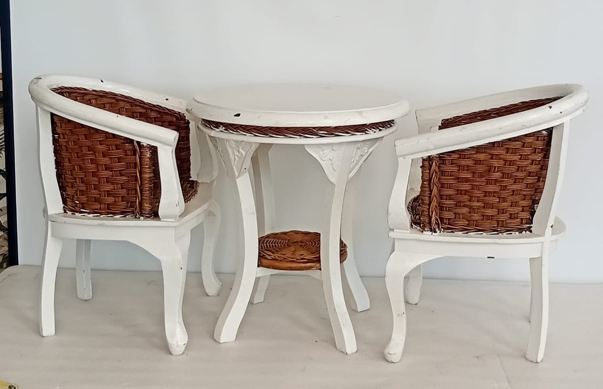 Kids white painted wood and woven rattan bistro set