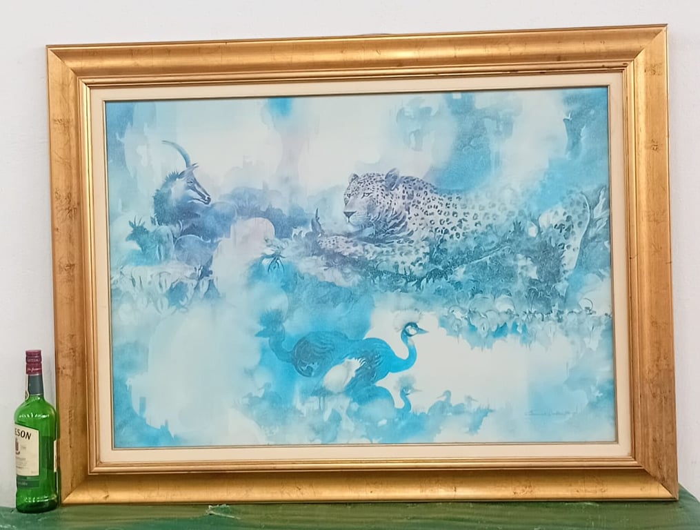 Large Framed Wildlife Art Print – Leopard & Antelope Scene (Blue Tones)