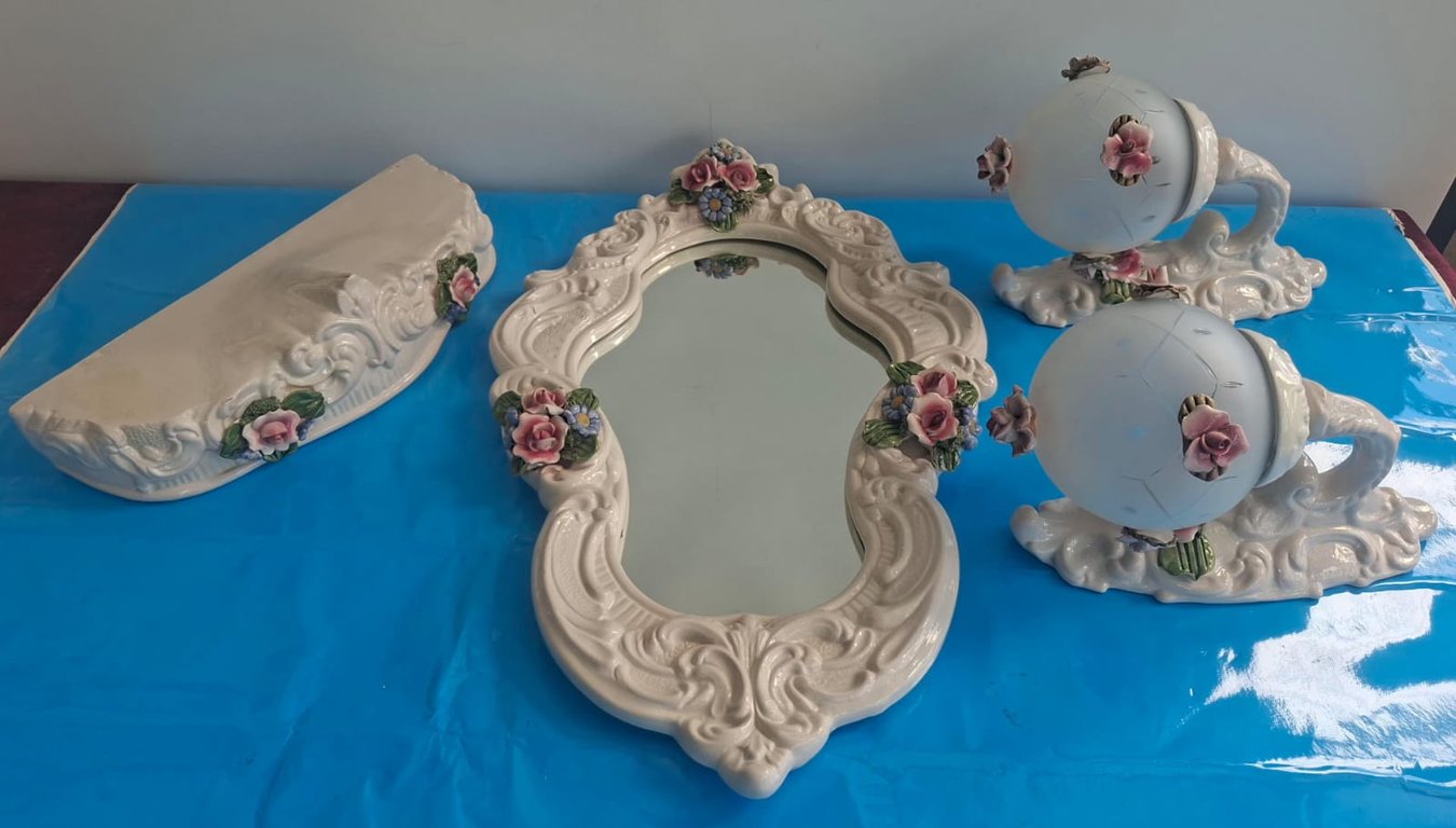 Vintage Porcelain Mirror & Wall Sconces Set With Floral Accents