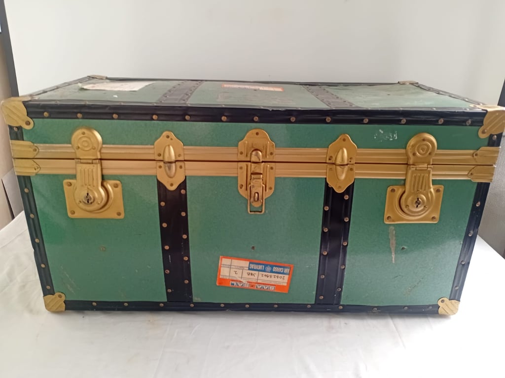 Vintage Green and Black Travel Steamer Trunk