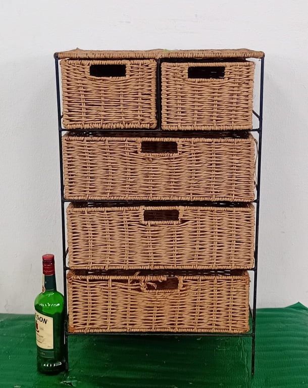 Wicker Basket Storage Unit with Metal Frame – 5 Drawer