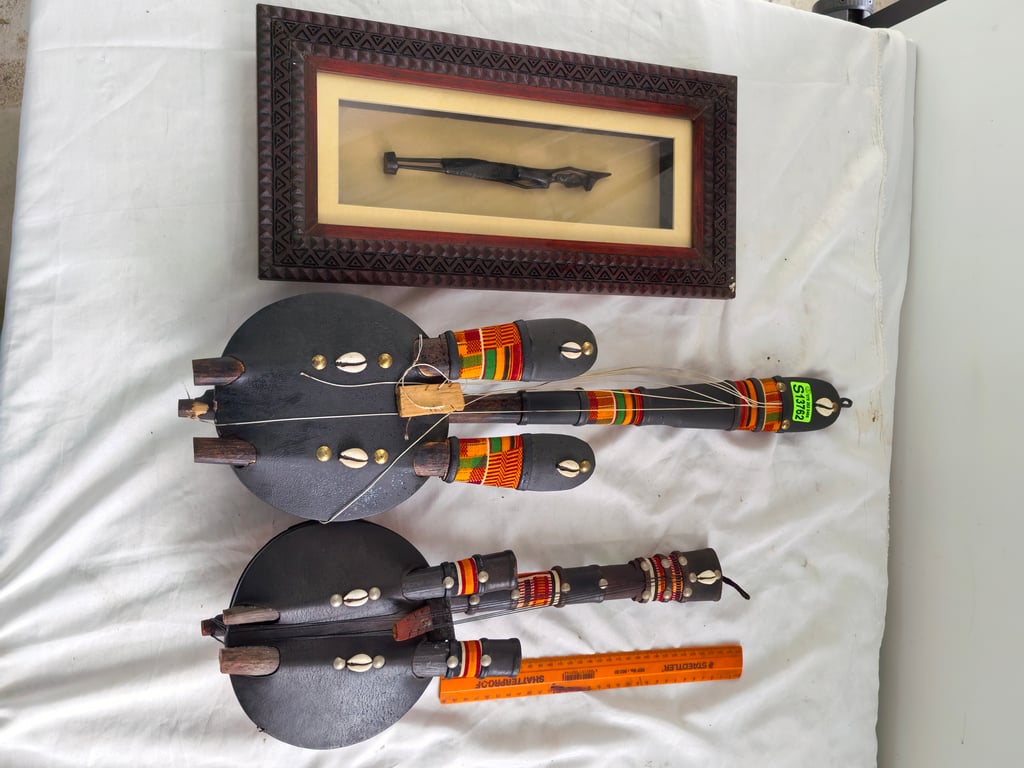 Pair of Ethnic String Instruments & Box Frame with Figurine