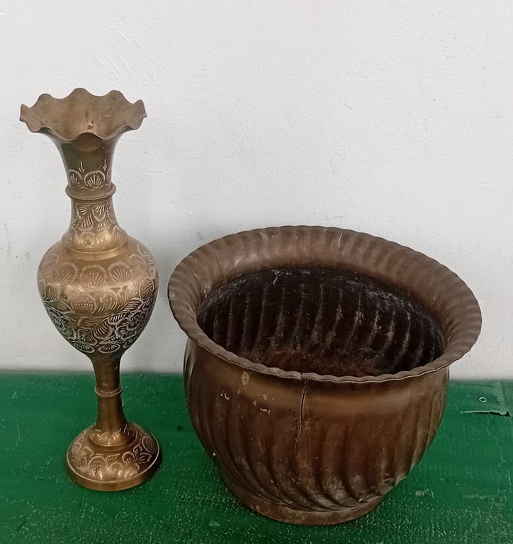 Brass Etched Vase & Large Decorative Metal Planter Pot (2-Piece Set)