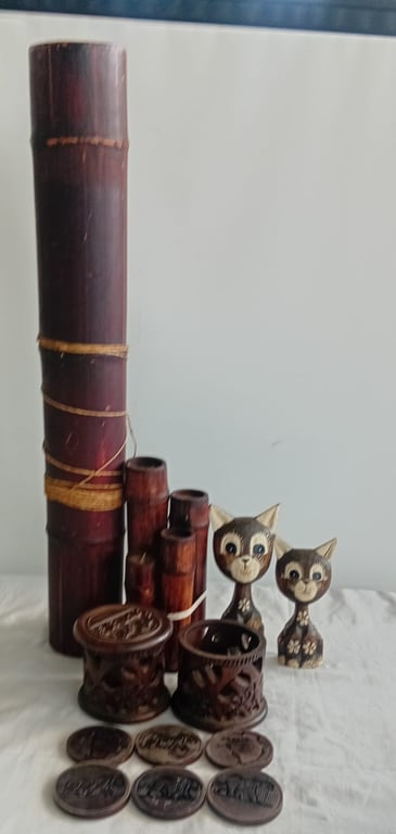 Handcrafted Wooden Décor Collection – Bamboo Vases, Carved Holders & Cat Figurines
