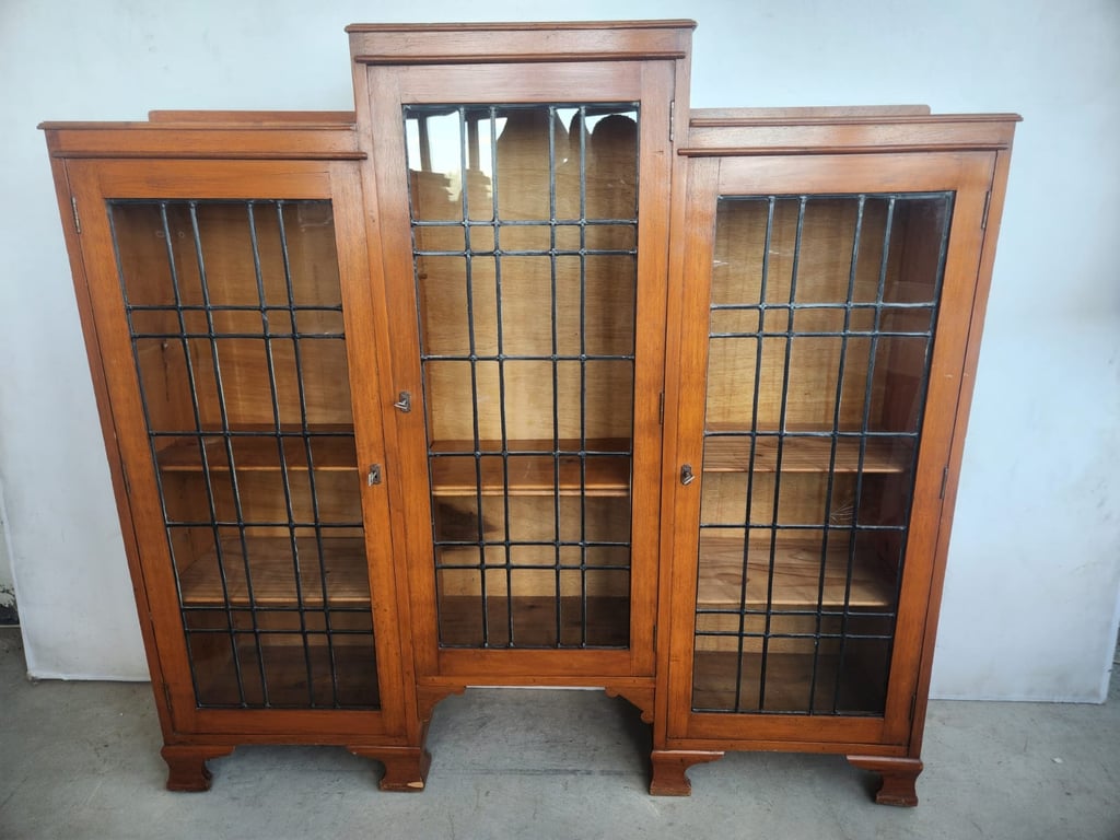 Vintage solid wood three-door display cabinet with leaded glass