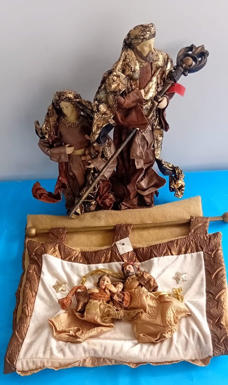 Decorative Nativity Figurine Set with Fabric Robes & Wall Hanging Scene