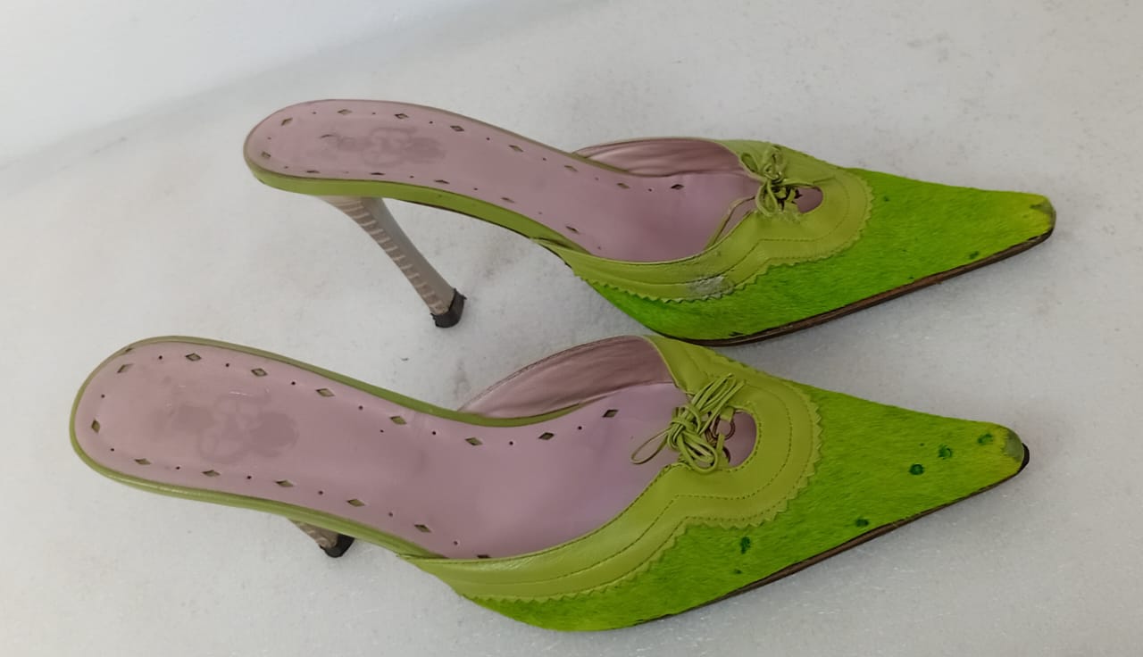 Lime Green Calf Hair Pointed Toe Mule Heels - Size 7