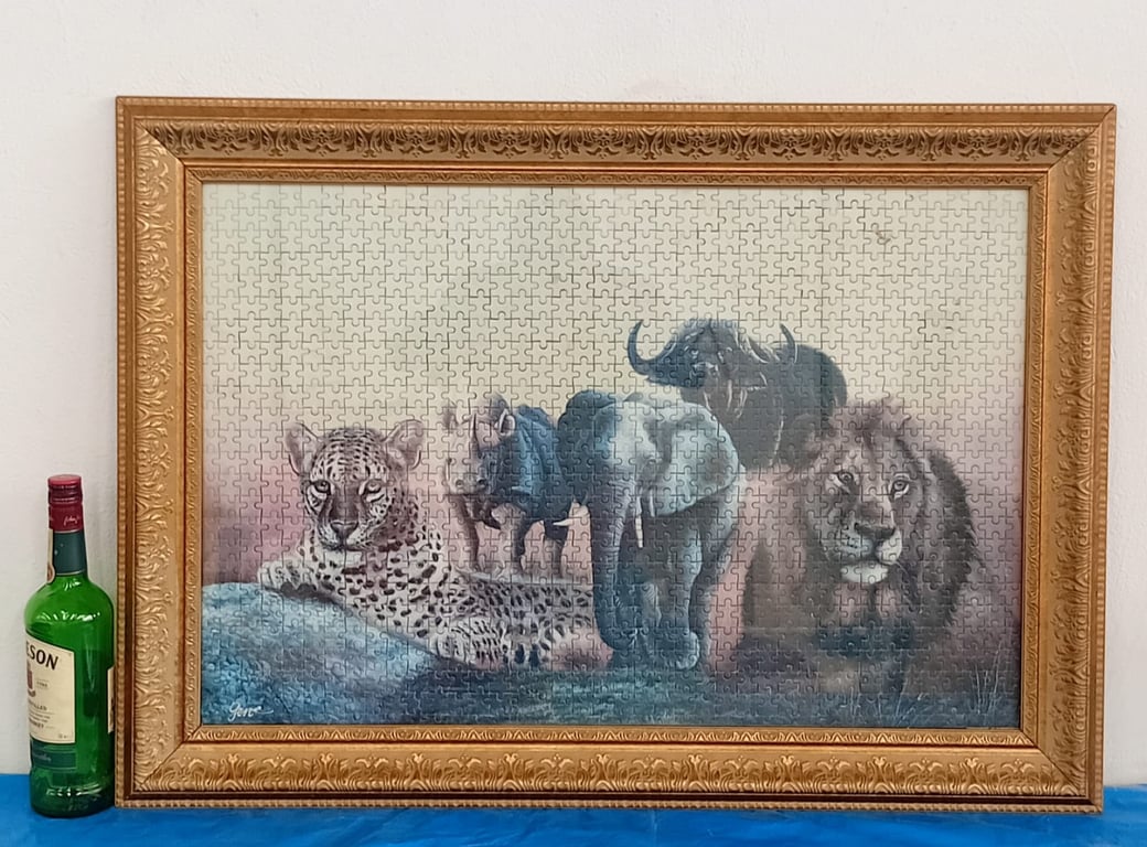 Framed African Wildlife Puzzle Artwork – Leopard, Elephant, Buffalo & Lion