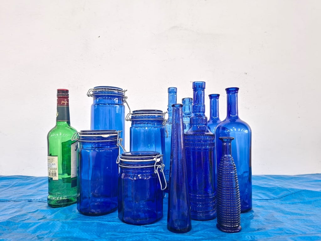 Assorted Blue Glass Bottles & Clamp-Lid Storage Jars (Decorative Collection)