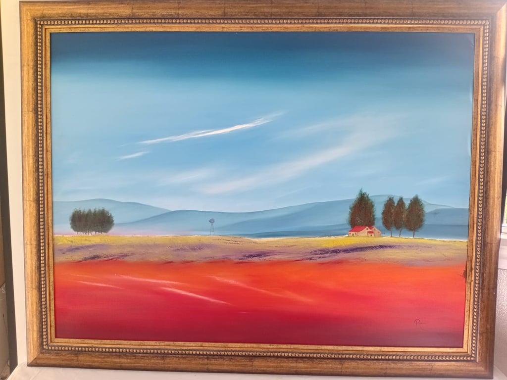 “Crimson Fields Under Blue Sky” – Framed Contemporary Landscape Painting