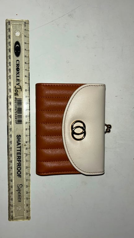 Tri-Fold womens PU leather wallet with kiss lock coin pouch brown and white bifold womens wallet