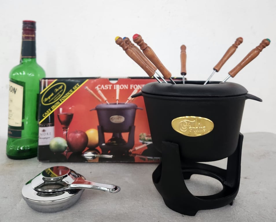 Regent Forge Cast Iron Fondue Set with Wooden-Handled Forks & Burner
