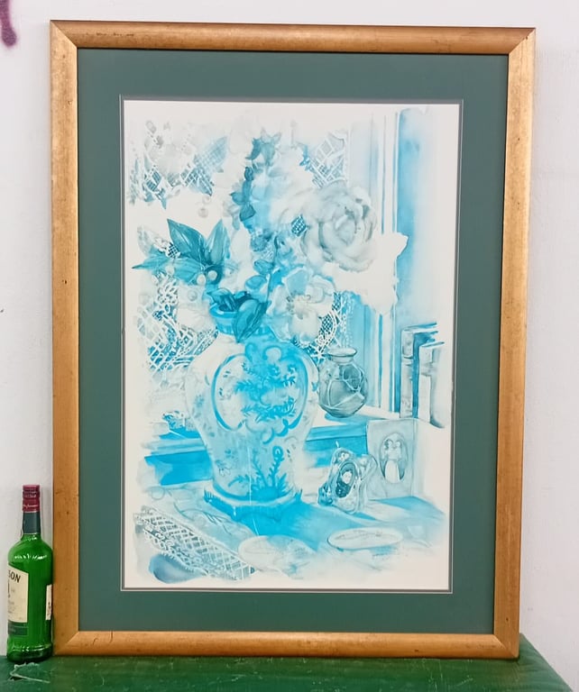 Framed Blue-Toned Floral Still Life Print