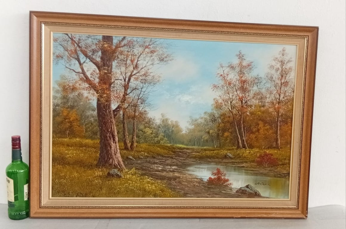 Large Framed Landscape Painting – Autumn Woodland Scene