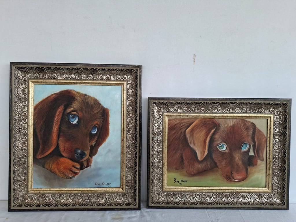 Pair of Framed Dachshund Dog Portrait Paintings
