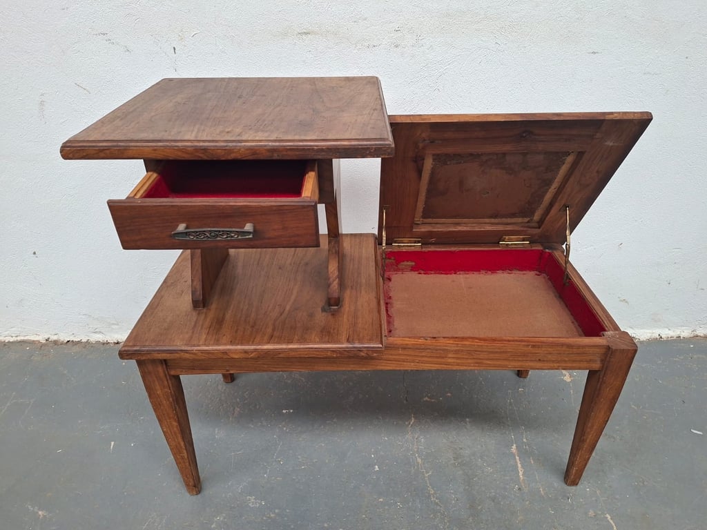 Vintage Kiaat Wood Sewing Box Coffee Table with Lift-Top Storage