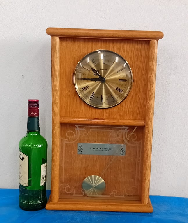 Wooden Pendulum Wall Clock – Brass Dial with Roman Numerals