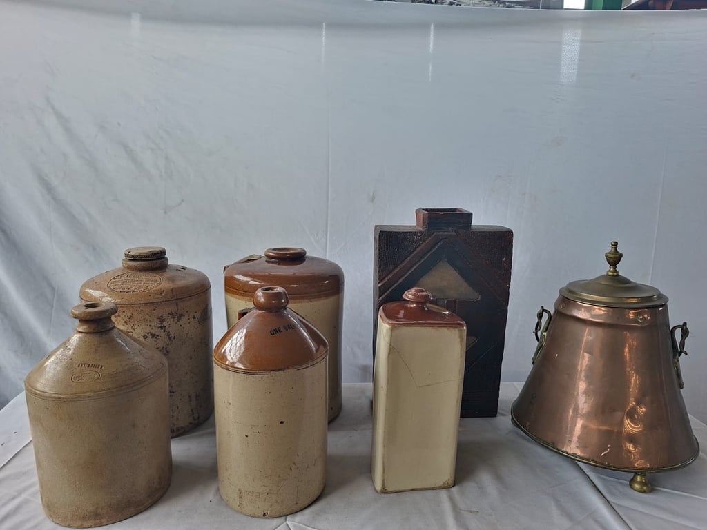 Mixed Decorative Stoneware Jars & Copper Kettle Set