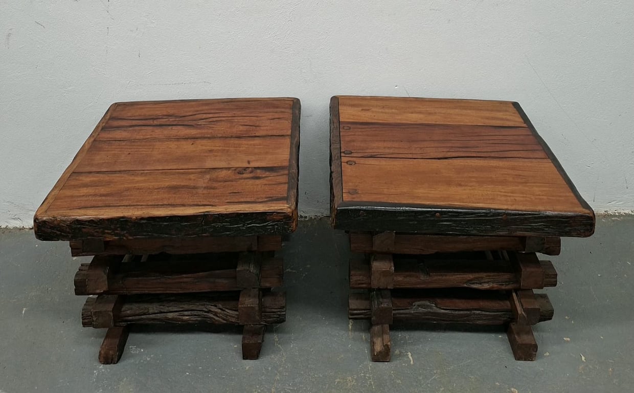 Rustic Solid Teak Side Tables with Stretcher Bases
