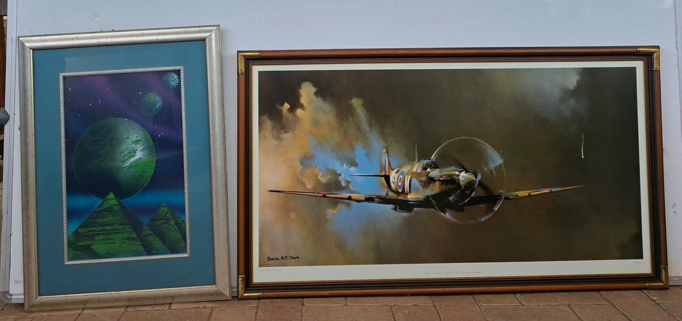 Pair of Framed Prints – War Plane and Planet Artwork