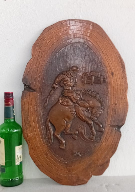 Hand-Carved Wooden Wall Plaque – Cowboy on Bucking Horse