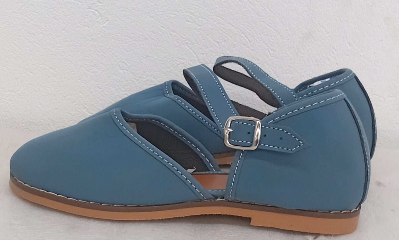 Size 3 -Ladies Teal Leather Buckle Strap Flats