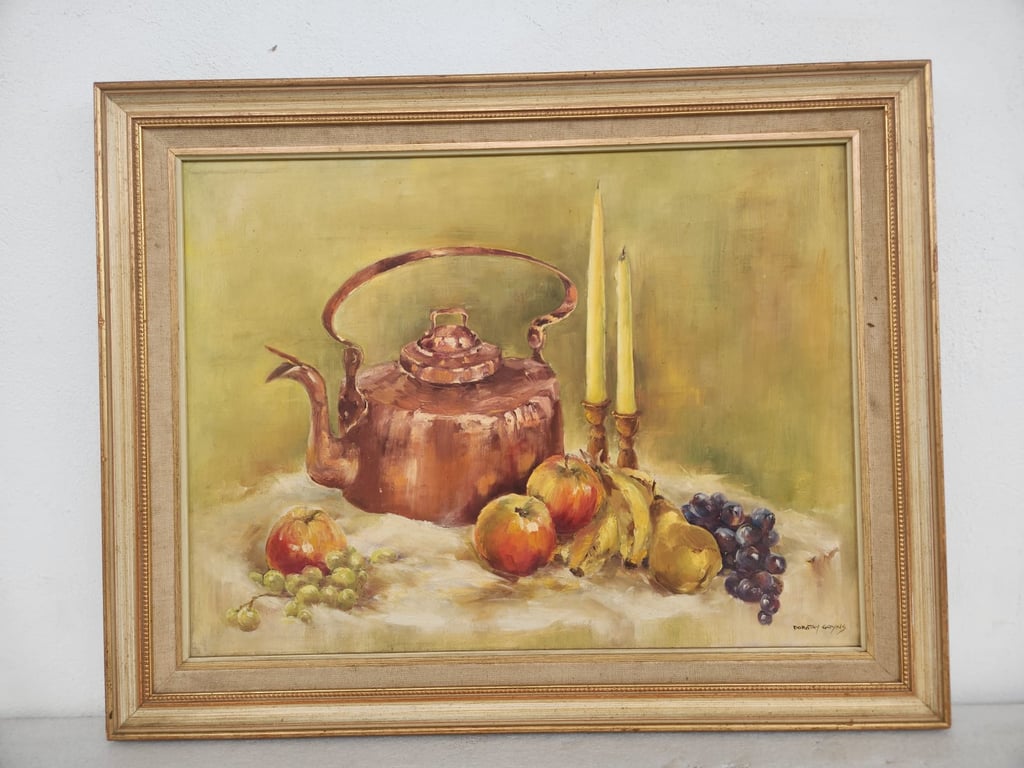 Framed Still Life Oil Painting with Copper Kettle and Fruit
