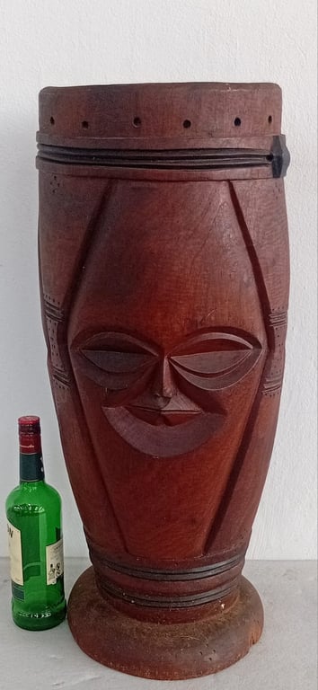 Large Hand-Carved Wooden African Drum / Decorative Sculpture