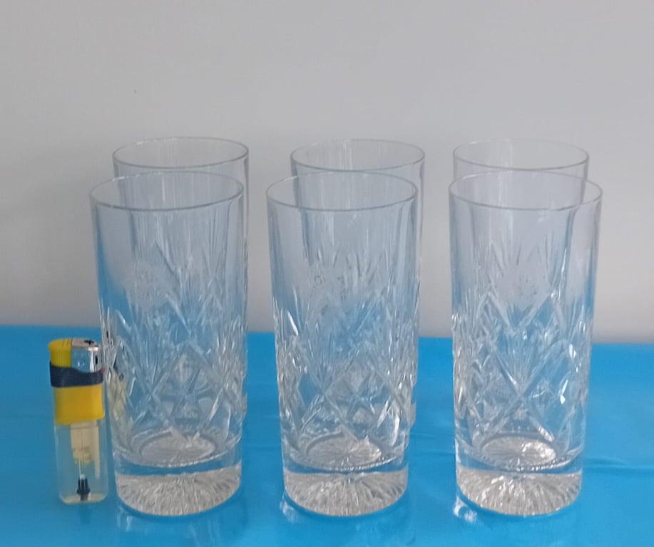 Set of 6 Vintage Cut-Glass Highball Tumblers – Etched Starburst Pattern